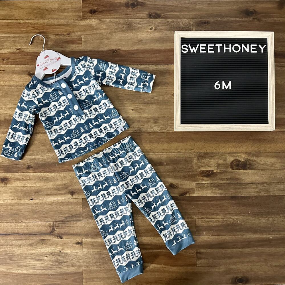 NWT SweetHoney Dreamer Pajama Set Blue Cream Sleigh Ride Fair Isle Pants Baby 6M